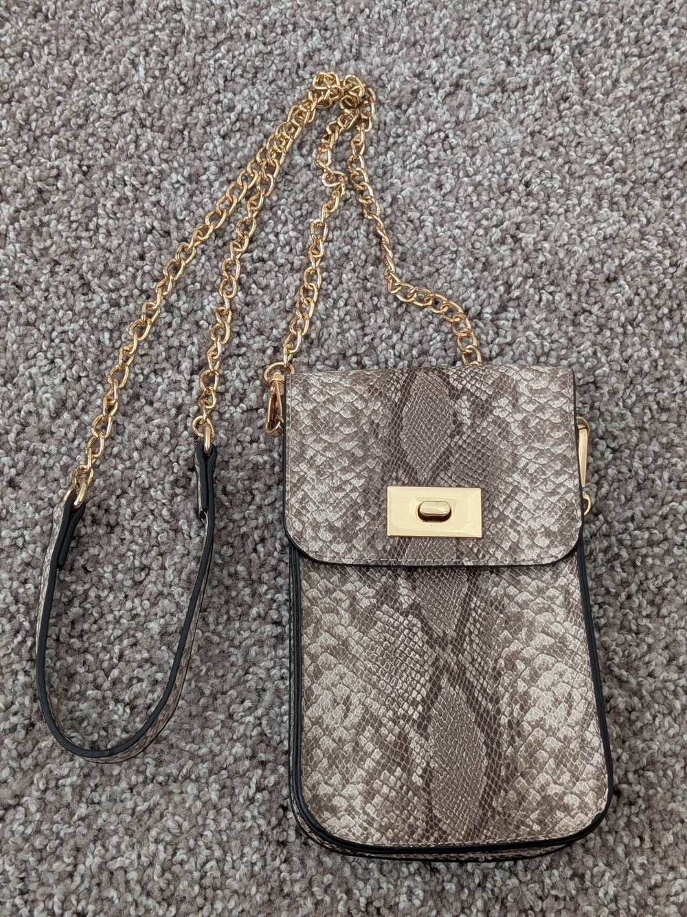 Neutral Snake-Print Crossbody Phone Bag with Gold Chain